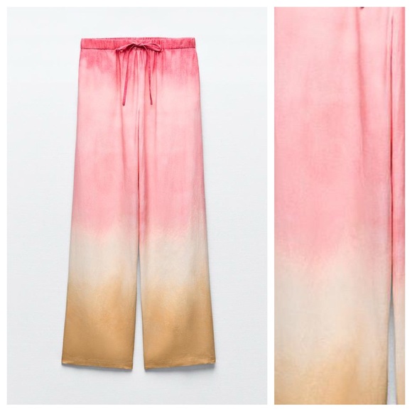 NWT. Zara Pink/Cream Linen Blend Tie-Dye Wide Leg Trousers. Size S. - Picture 5 of 8